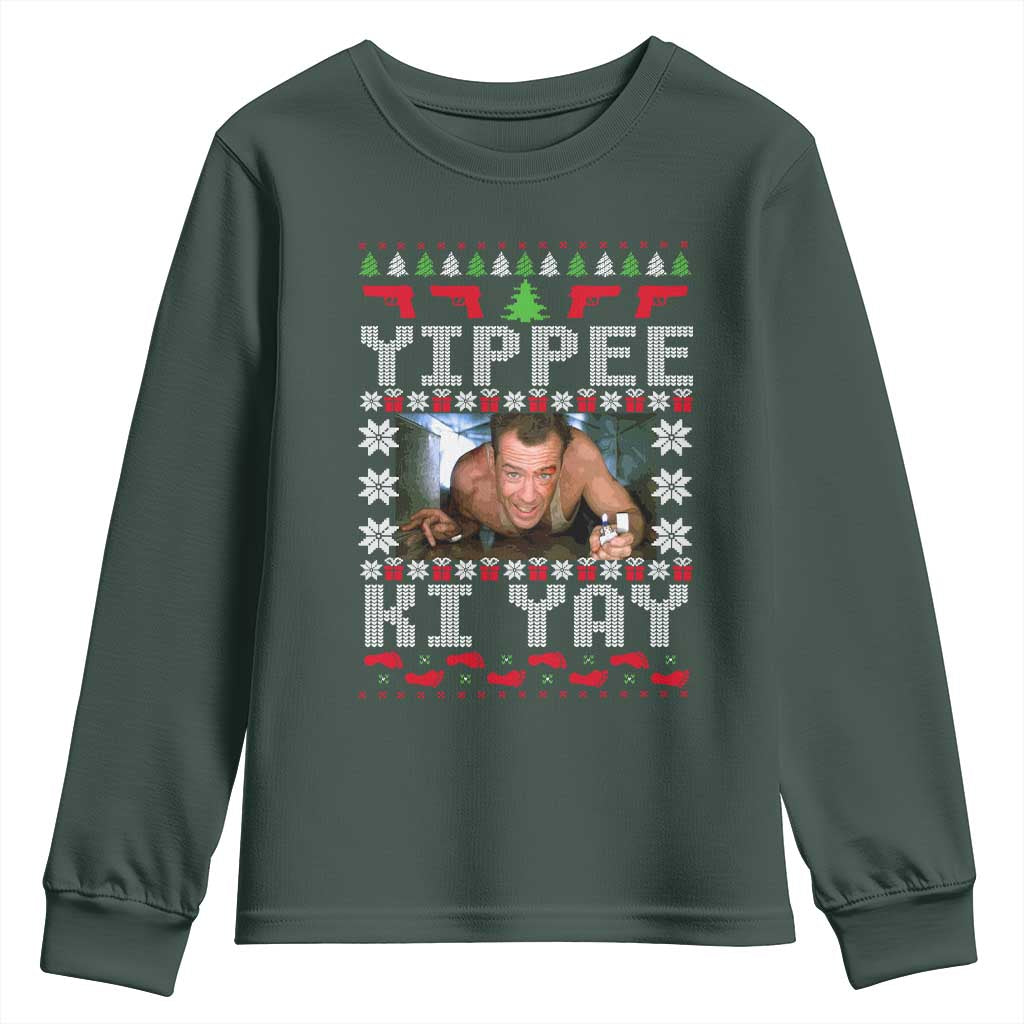 Yippee Ki Yay Youth Sweatshirt Funny 80's Movie Xmas Gift Ugly Christmas TS10 Dark Forest Green Print Your Wear