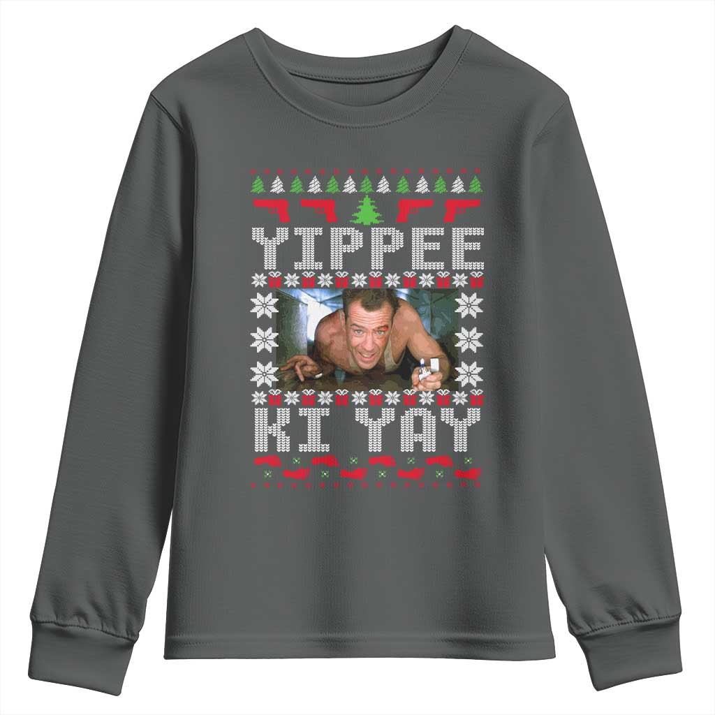 Yippee Ki Yay Youth Sweatshirt Funny 80's Movie Xmas Gift Ugly Christmas TS10 Dark Heather Print Your Wear