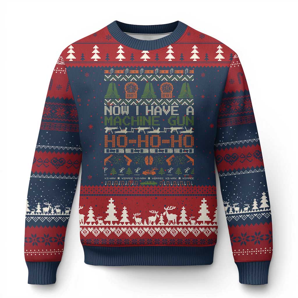 Now I Have A Machine Gun Ugly Christmas Sweater Xmas 90s Movie Ugly Xmas TS10 Navy Red Print Your Wear