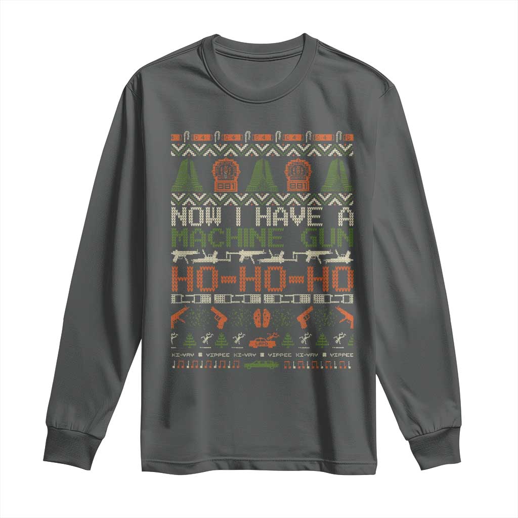 Now I Have A Machine Gun Long Sleeve Shirt Christmas 90s Movie Ugly Xmas TS10 Dark Heather Print Your Wear