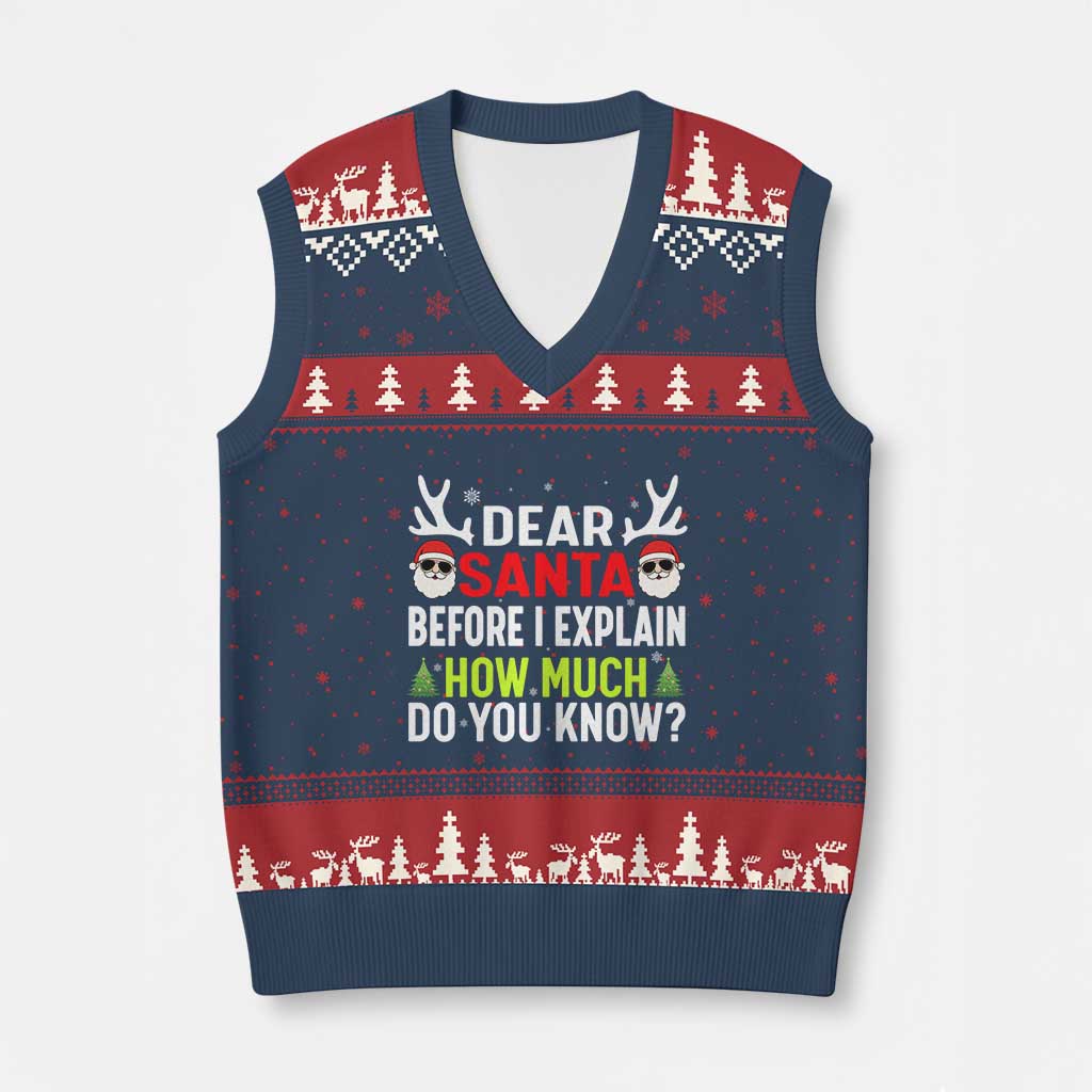 Funny Xmas V-Neck Knit Sweater Vest Dear Santa I Can Explain How Much Do You Know TS10 Navy Red Print Your Wear