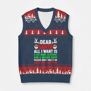 Funny Xmas V-Neck Knit Sweater Vest Dear Santa All I Want Is A Fat Bank Account Skinny Body TS10 Navy Red Print Your Wear