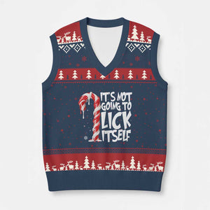Funny Dirty Xmas V-Neck Knit Sweater Vest It's Not Going To Lick Itself Adult Humor Cringe Candy Cane TS10 Navy Red Print Your Wear