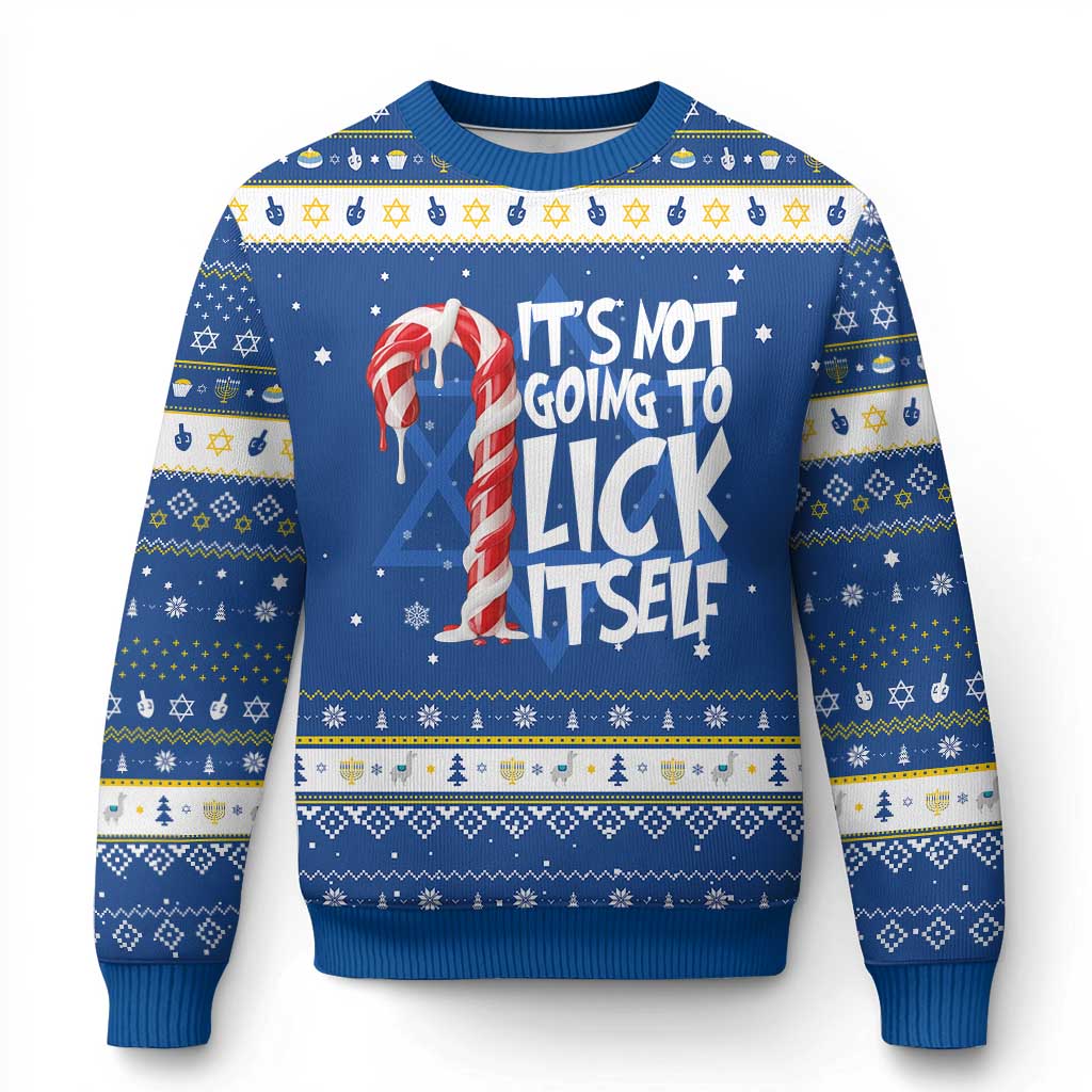 Funny Dirty Christmas Hanukkah Ugly Sweater It's Not Going To Lick Itself Adult Humor Cringe Candy Cane TS10 Blue White Print Your Wear