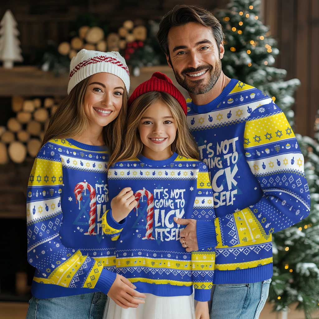Funny Dirty Christmas Hanukkah Ugly Sweater It's Not Going To Lick Itself Adult Humor Cringe Candy Cane TS10 Royal Blue Gold Print Your Wear