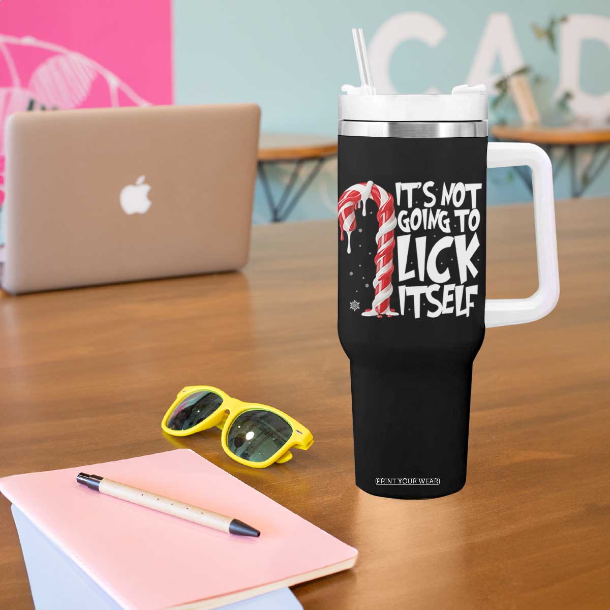 Funny Dirty Christmas Tumbler With Handle It's Not Going To Lick Itself Adult Humor Cringe Candy Cane TS10 Print Your Wear