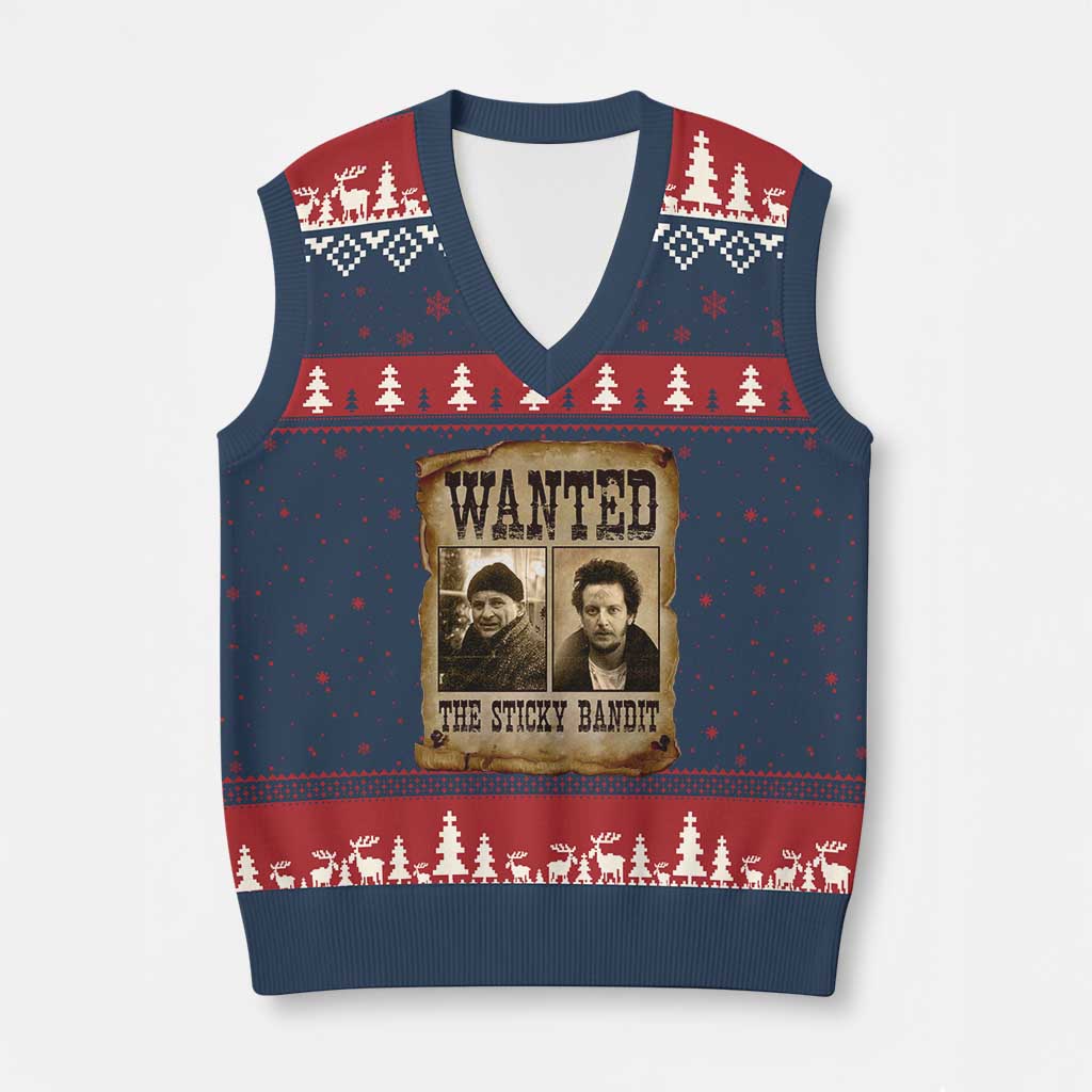 Funny Xmas Movie V-Neck Knit Sweater Vest Wanted Sticky Bandit Merry Xmas Ya Filthy Animal TS10 Navy Red Print Your Wear