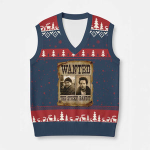 Funny Xmas Movie V-Neck Knit Sweater Vest Wanted Sticky Bandit Merry Xmas Ya Filthy Animal TS10 Navy Red Print Your Wear