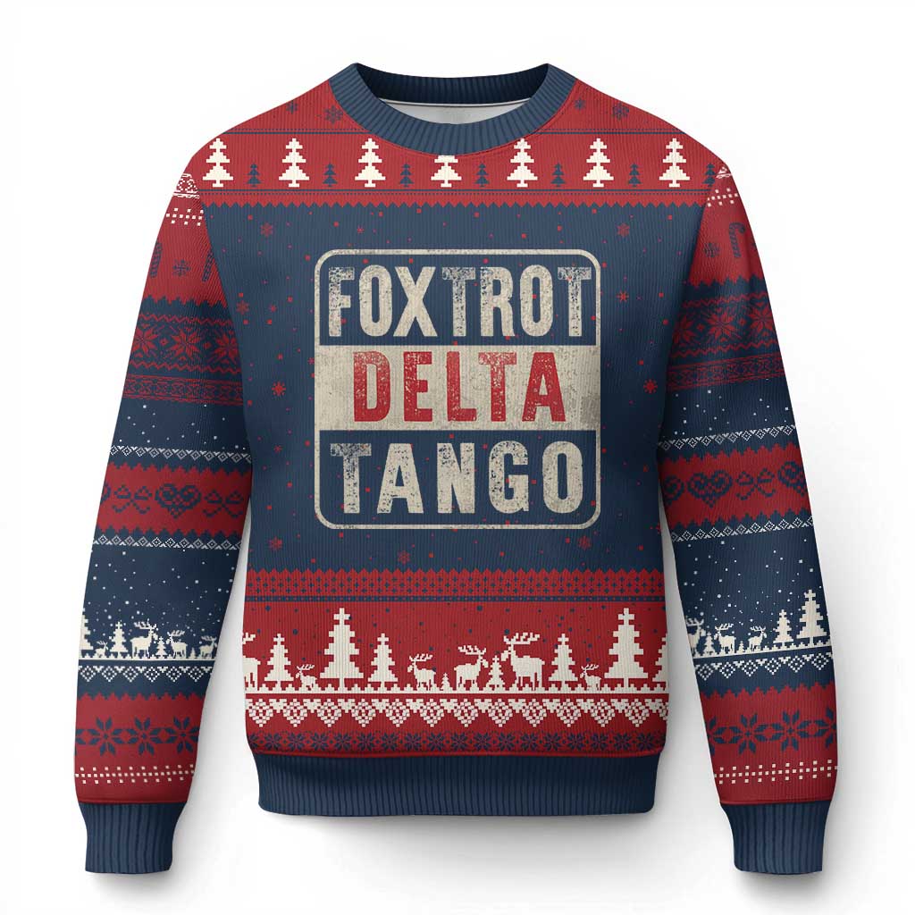 Subtle FDT Ugly Christmas Sweater Foxtrots Delta Tangos TS10 Navy Red Print Your Wear
