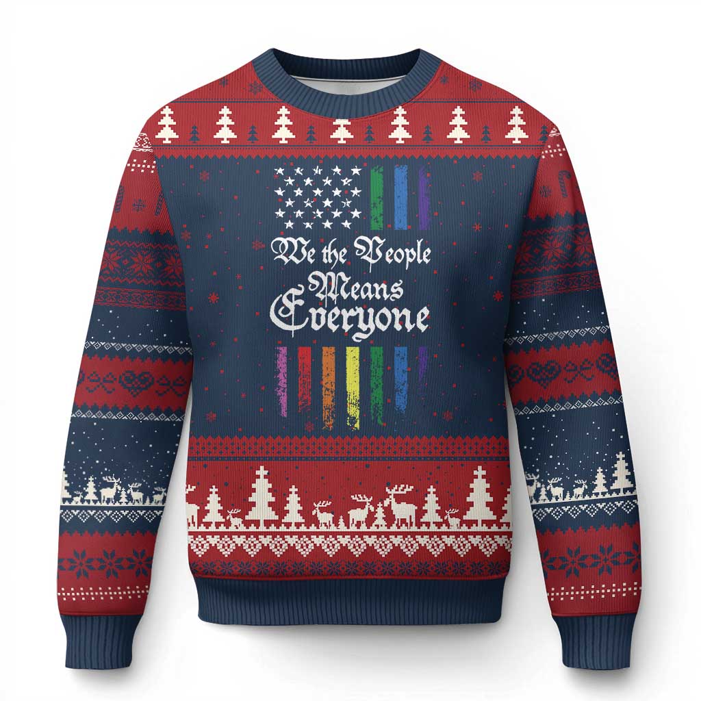We The People Means Everyone Ugly Christmas Sweater LGBTQ Rainbow USA Flag Gay Pride LGBT Ally TS10 Navy Red Print Your Wear