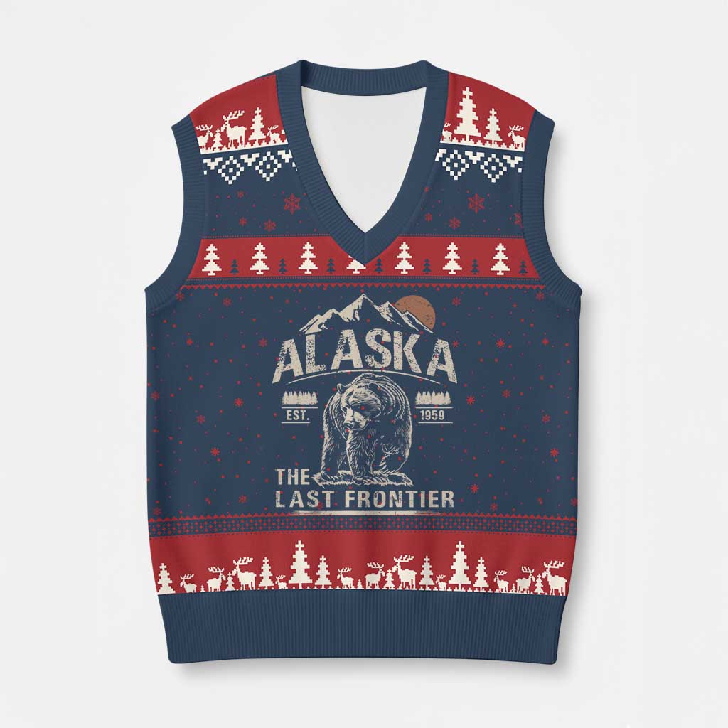 Bear Alaska The Last Frontier V-Neck Knit Sweater Vest Vintage Alaska Camping Hiking Mountain TS10 Navy Red Print Your Wear