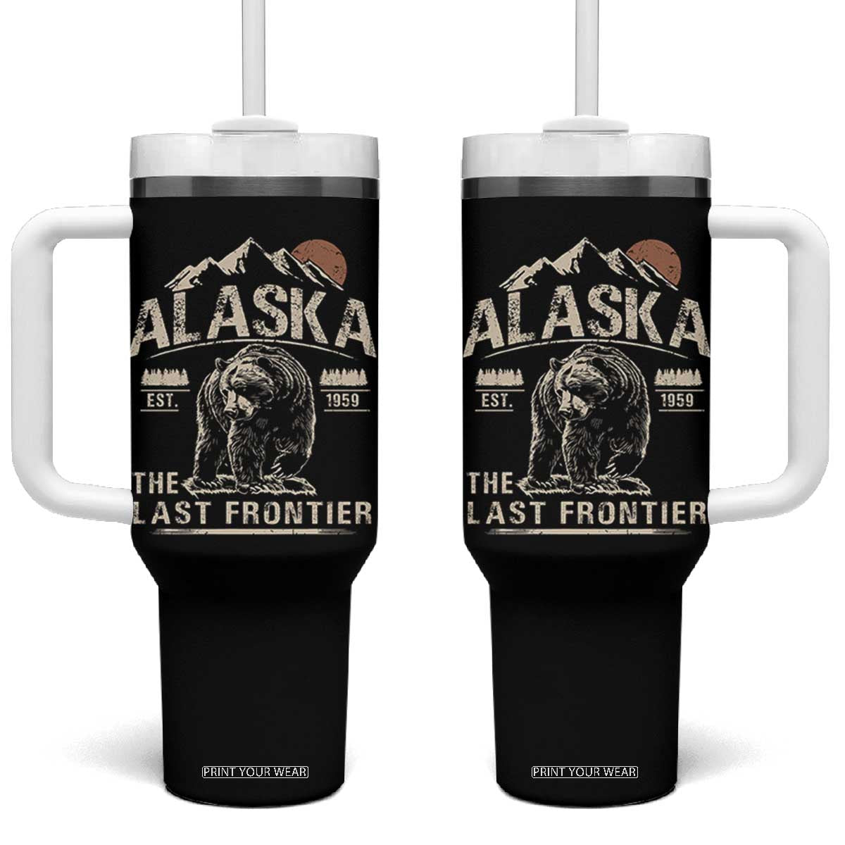 Bear Alaska The Last Frontier Tumbler With Handle Vintage Alaska Camping Hiking Mountain TS10 One Size: 40 oz Black Print Your Wear