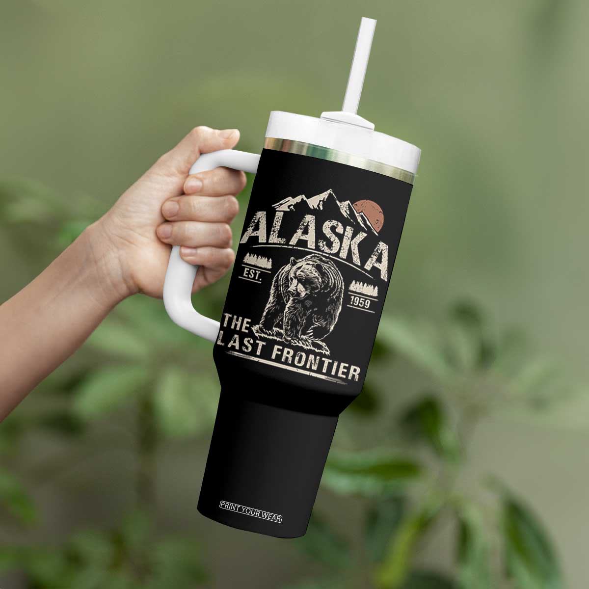Bear Alaska The Last Frontier Tumbler With Handle Vintage Alaska Camping Hiking Mountain TS10 Print Your Wear