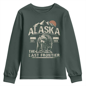 Bear Alaska The Last Frontier Youth Sweatshirt Vintage Alaska Camping Hiking Mountain TS10 Dark Forest Green Print Your Wear