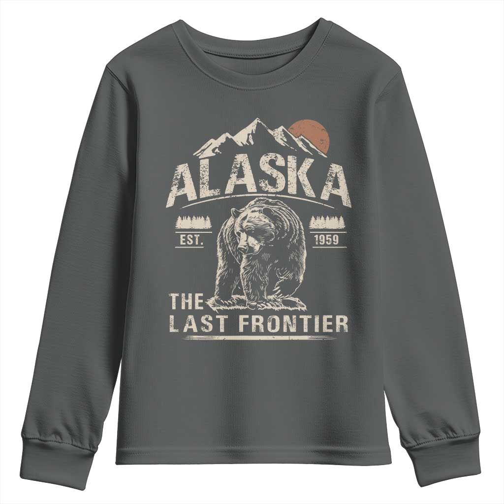 Bear Alaska The Last Frontier Youth Sweatshirt Vintage Alaska Camping Hiking Mountain TS10 Dark Heather Print Your Wear