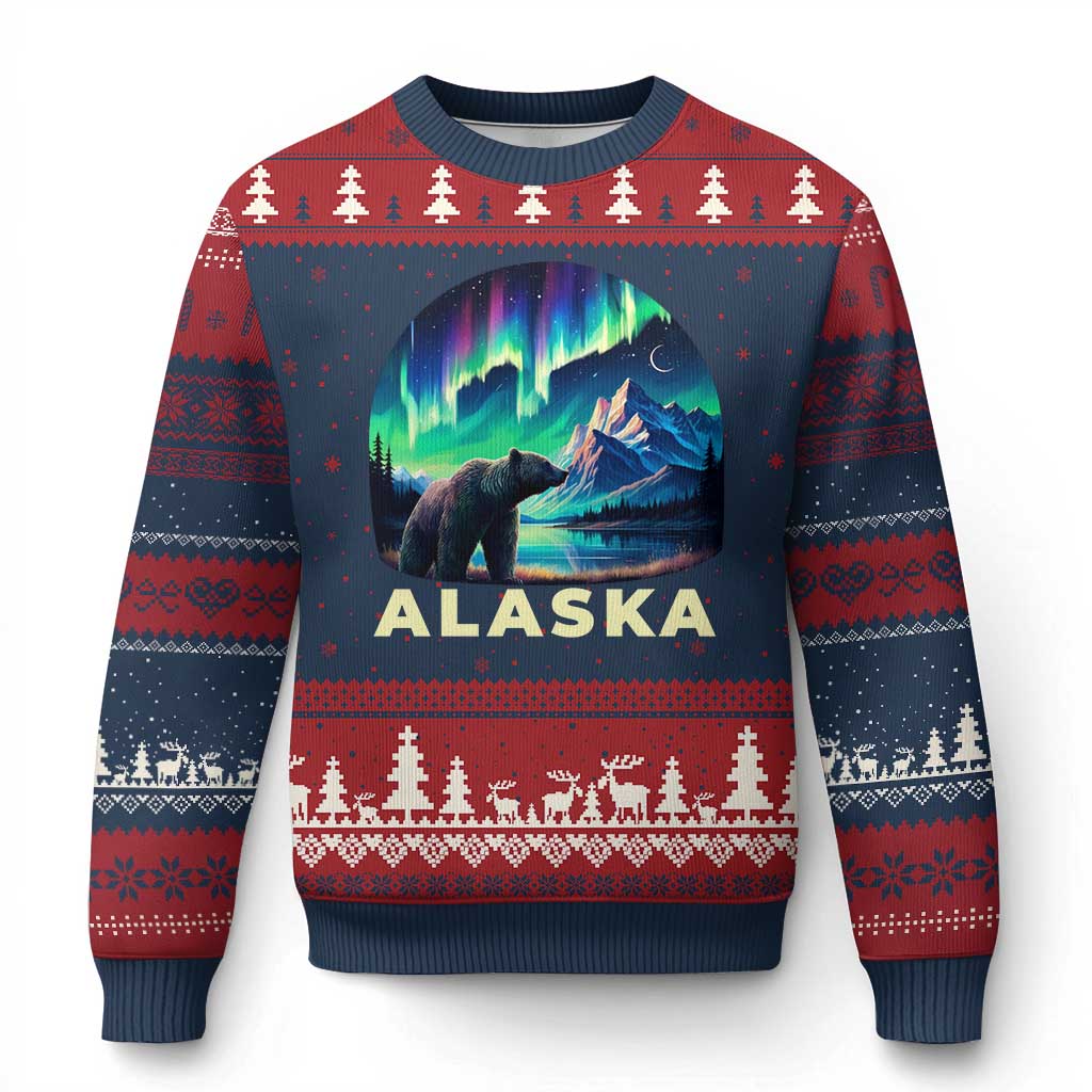 Bear Alaska Ugly Christmas Sweater Alaskan Night Sky Northern Lights Aurora TS10 Navy Red Print Your Wear