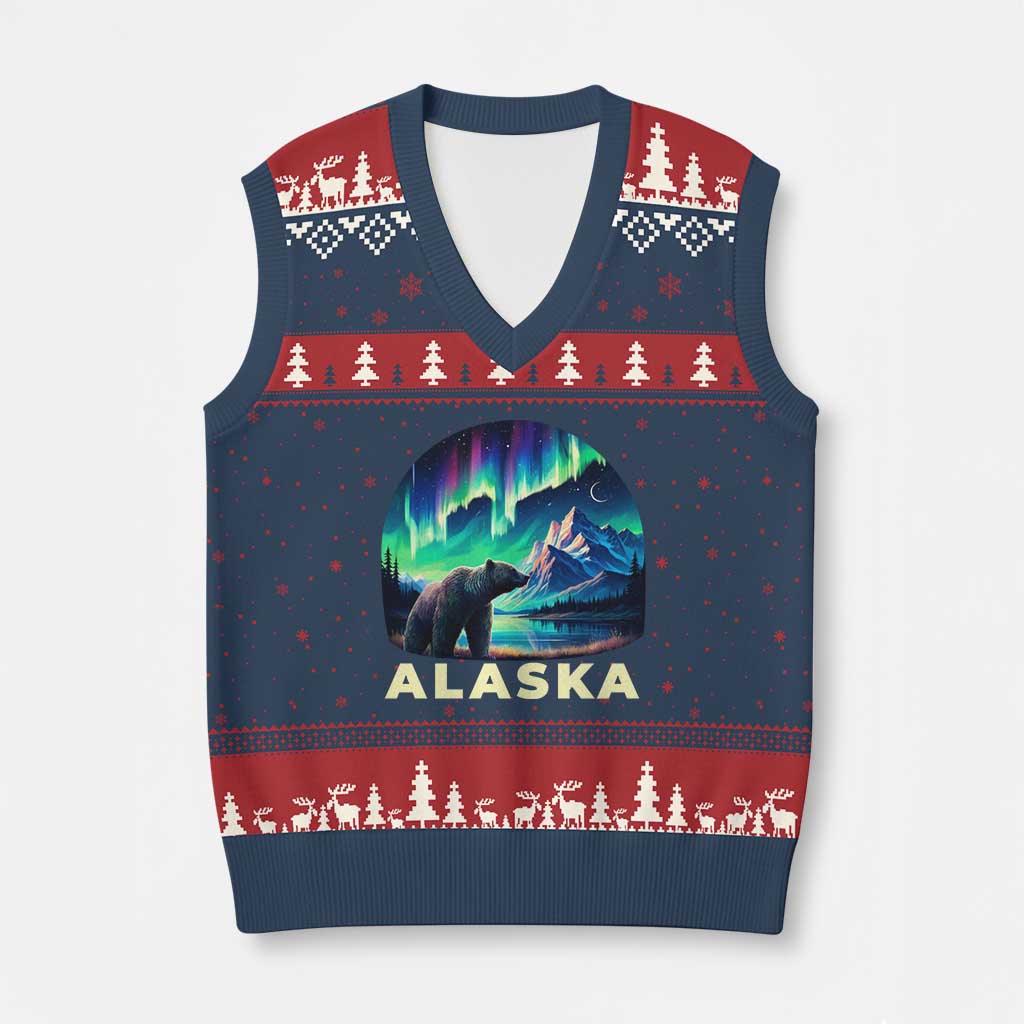 Bear Alaska V-Neck Knit Sweater Vest Alaskan Night Sky Northern Lights Aurora TS10 Navy Red Print Your Wear