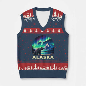 Bear Alaska V-Neck Knit Sweater Vest Alaskan Night Sky Northern Lights Aurora TS10 Navy Red Print Your Wear