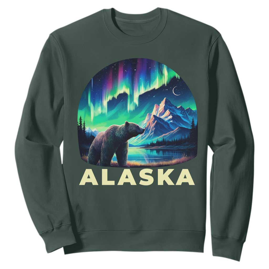 Bear Alaska Sweatshirt Alaskan Night Sky Northern Lights Aurora TS10 Dark Forest Green Print Your Wear