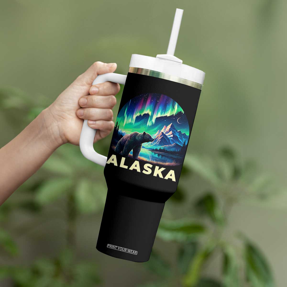 Bear Alaska Tumbler With Handle Alaskan Night Sky Northern Lights Aurora TS10 Print Your Wear