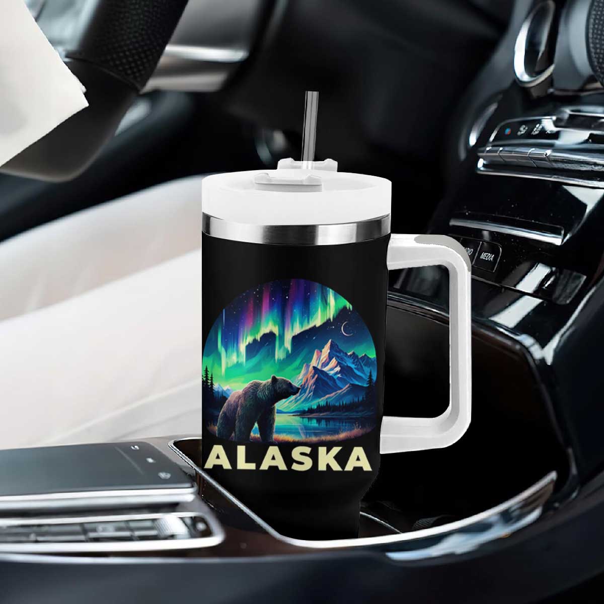 Bear Alaska Tumbler With Handle Alaskan Night Sky Northern Lights Aurora TS10 Print Your Wear
