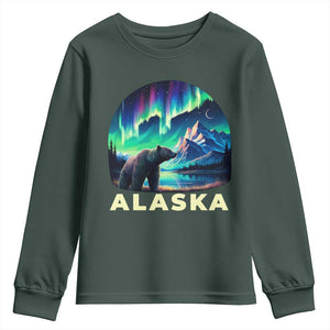 Bear Alaska Youth Sweatshirt Alaskan Night Sky Northern Lights Aurora TS10 Dark Forest Green Print Your Wear