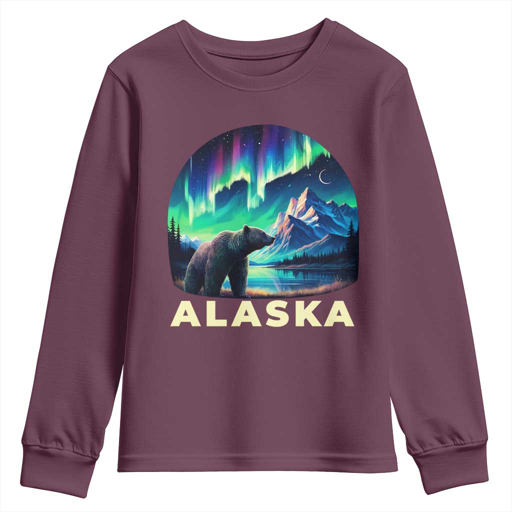 Bear Alaska Youth Sweatshirt Alaskan Night Sky Northern Lights Aurora TS10 Maroon Print Your Wear