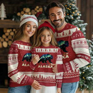 Alaska Ugly Christmas Sweater Alaskan Night Sky Northern Lights Aurora Bear TS10 Red Beige Print Your Wear