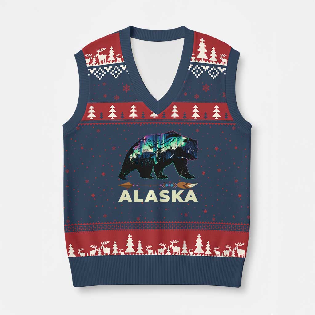 Alaska V-Neck Knit Sweater Vest Alaskan Night Sky Northern Lights Aurora Bear TS10 Navy Red Print Your Wear