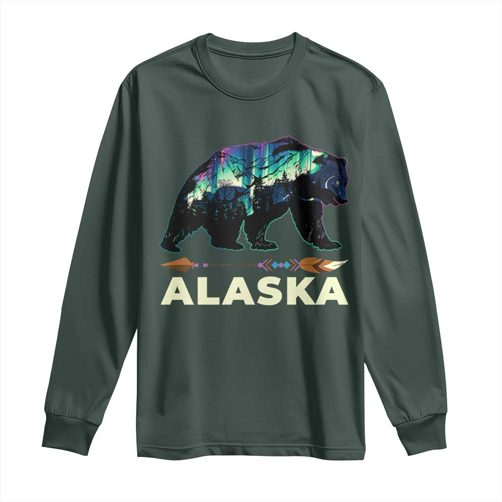 Alaska Long Sleeve Shirt Alaskan Night Sky Northern Lights Aurora Bear TS10 Dark Forest Green Print Your Wear