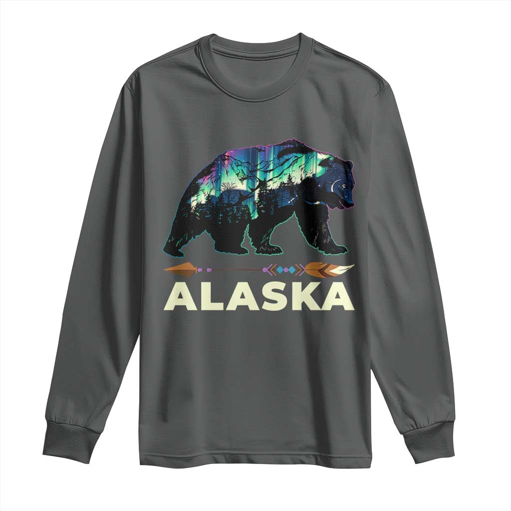 Alaska Long Sleeve Shirt Alaskan Night Sky Northern Lights Aurora Bear TS10 Dark Heather Print Your Wear