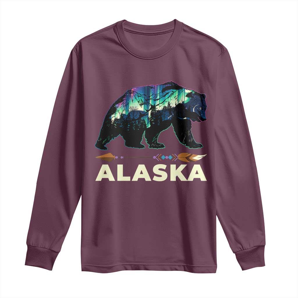 Alaska Long Sleeve Shirt Alaskan Night Sky Northern Lights Aurora Bear TS10 Maroon Print Your Wear