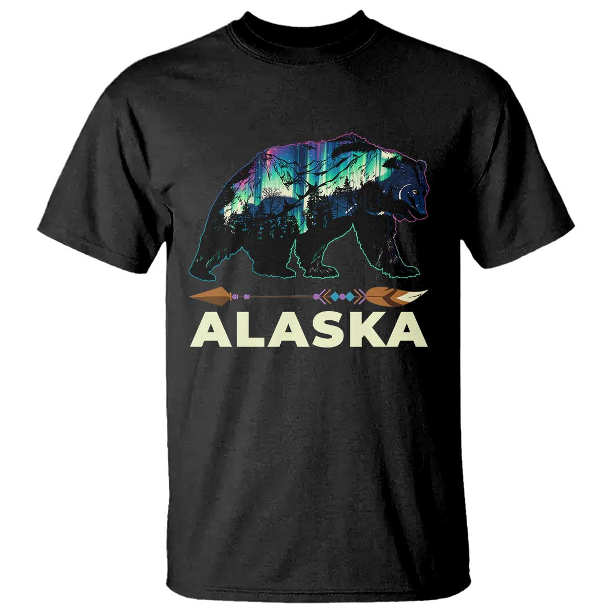 Alaska T Shirt Alaskan Night Sky Northern Lights Aurora Bear TS10 Black Print Your Wear