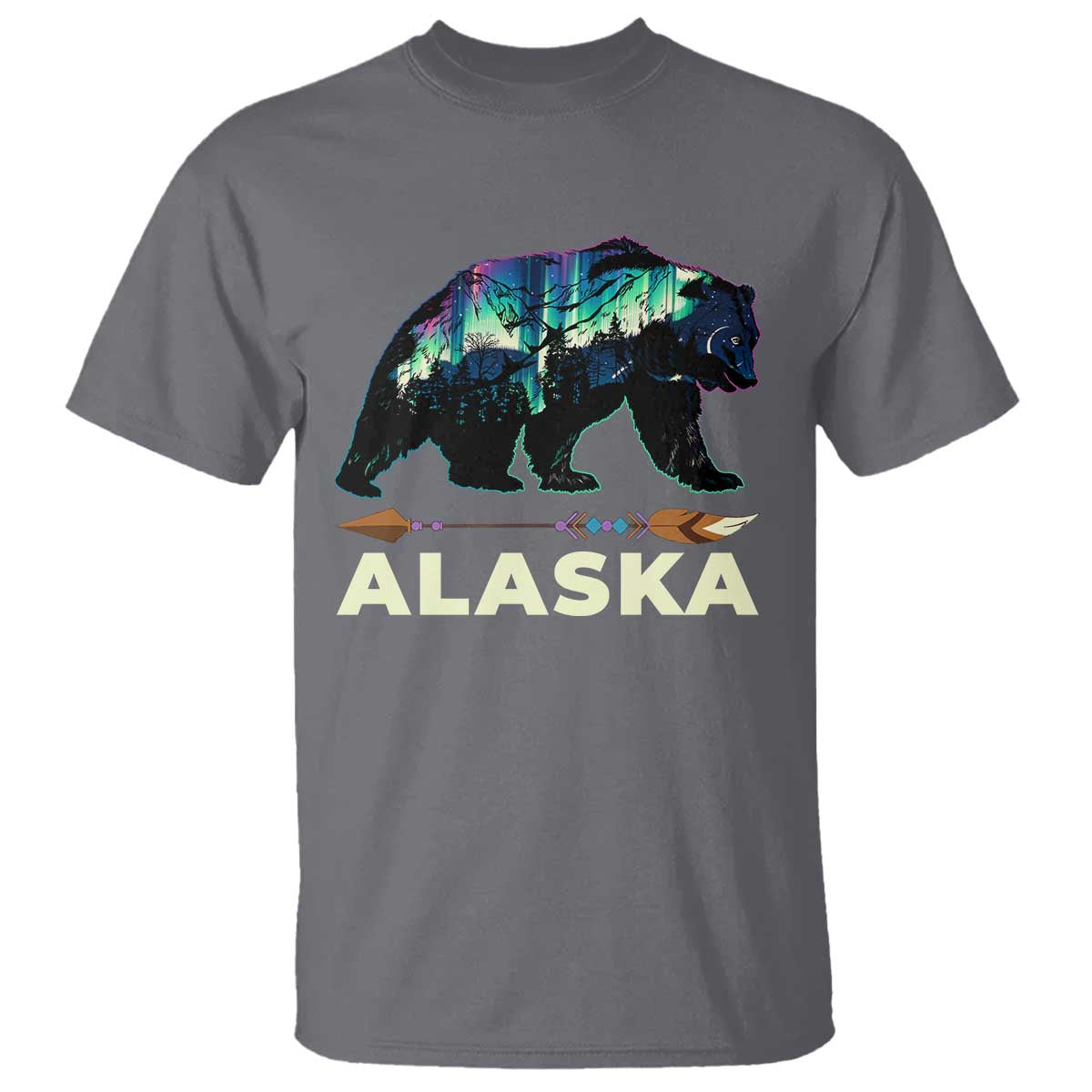 Alaska T Shirt Alaskan Night Sky Northern Lights Aurora Bear TS10 Charcoal Print Your Wear