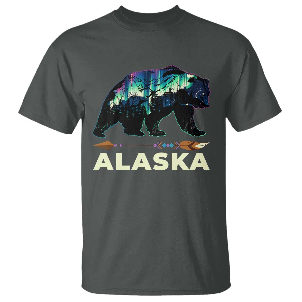 Alaska T Shirt Alaskan Night Sky Northern Lights Aurora Bear TS10 Dark Heather Print Your Wear