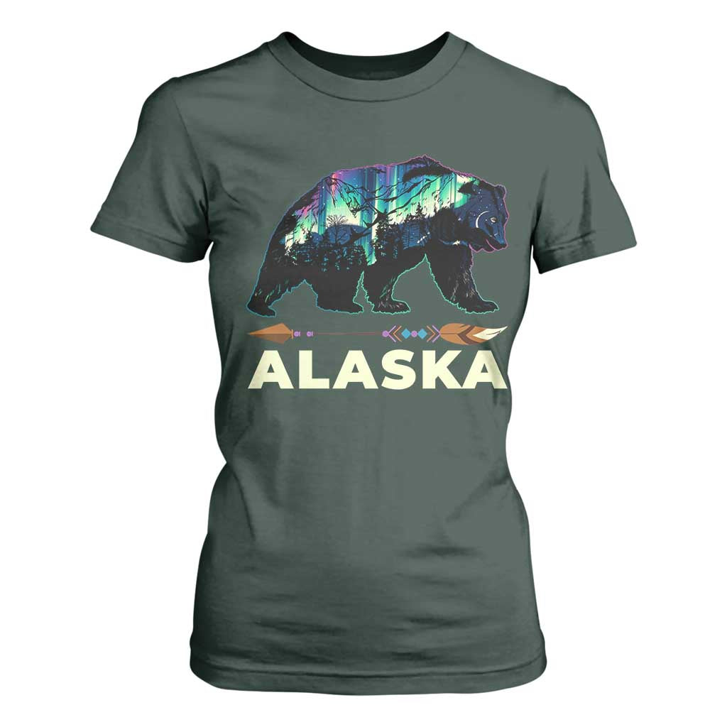 Alaska T Shirt For Women Alaskan Night Sky Northern Lights Aurora Bear TS10 Dark Forest Green Print Your Wear