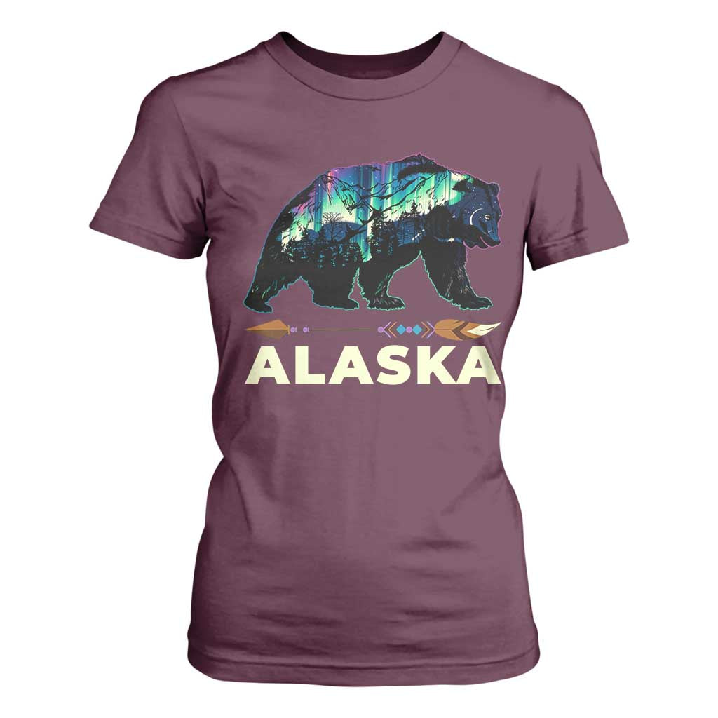 Alaska T Shirt For Women Alaskan Night Sky Northern Lights Aurora Bear TS10 Maroon Print Your Wear