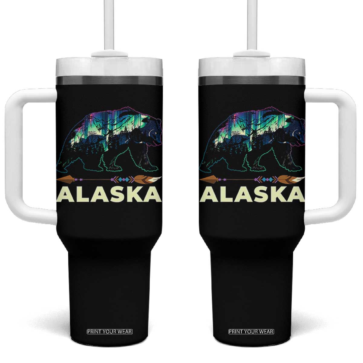 Alaska Tumbler With Handle Alaskan Night Sky Northern Lights Aurora Bear TS10 One Size: 40 oz Black Print Your Wear