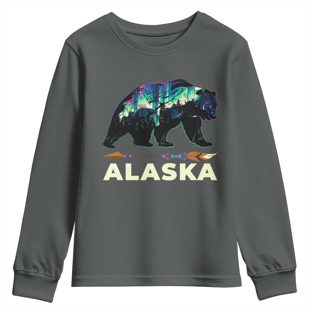 Alaska Youth Sweatshirt Alaskan Night Sky Northern Lights Aurora Bear TS10 Dark Heather Print Your Wear