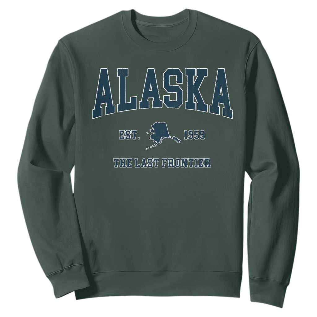 Alaska Sweatshirt Vintage Sports Design The Last Frontier Souvenirs TS10 Dark Forest Green Print Your Wear