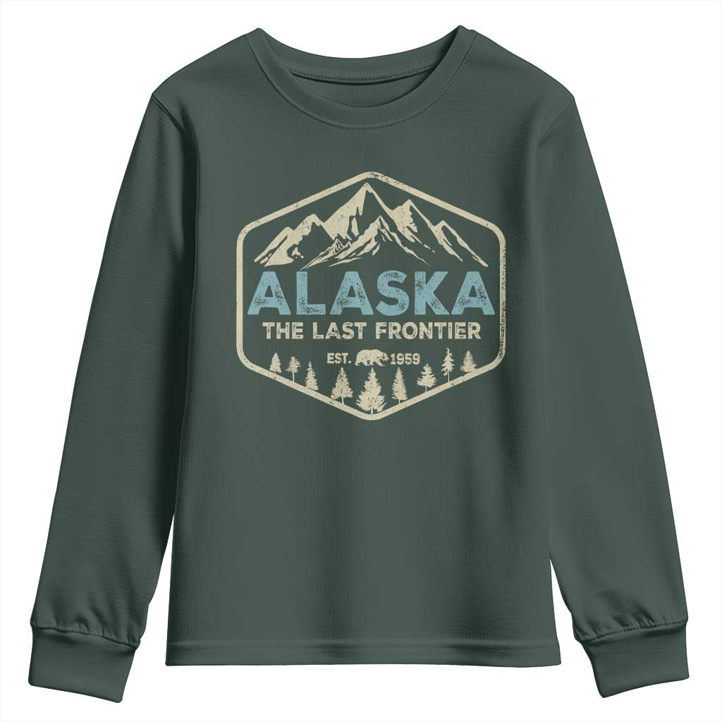 Vintage Alaska The Last Frontier Youth Sweatshirt Retro Alaskan Bear Mountain Souvenir TS10 Dark Forest Green Print Your Wear