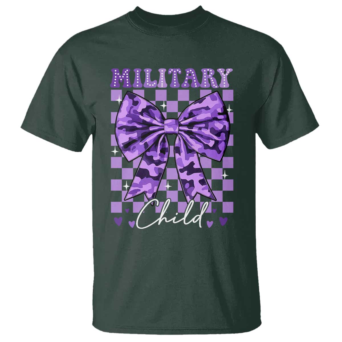 Military Child Coquette Bow T Shirt Purple Up Camo TS10 Dark Forest Green Print Your Wear