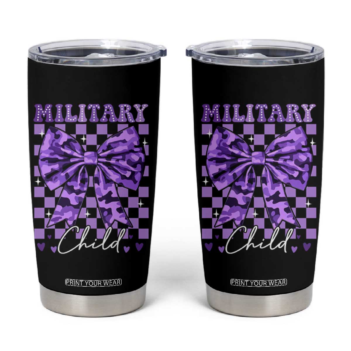 Military Child Coquette Bow Tumbler Cup Purple Up Camo TS10 Black Print Your Wear