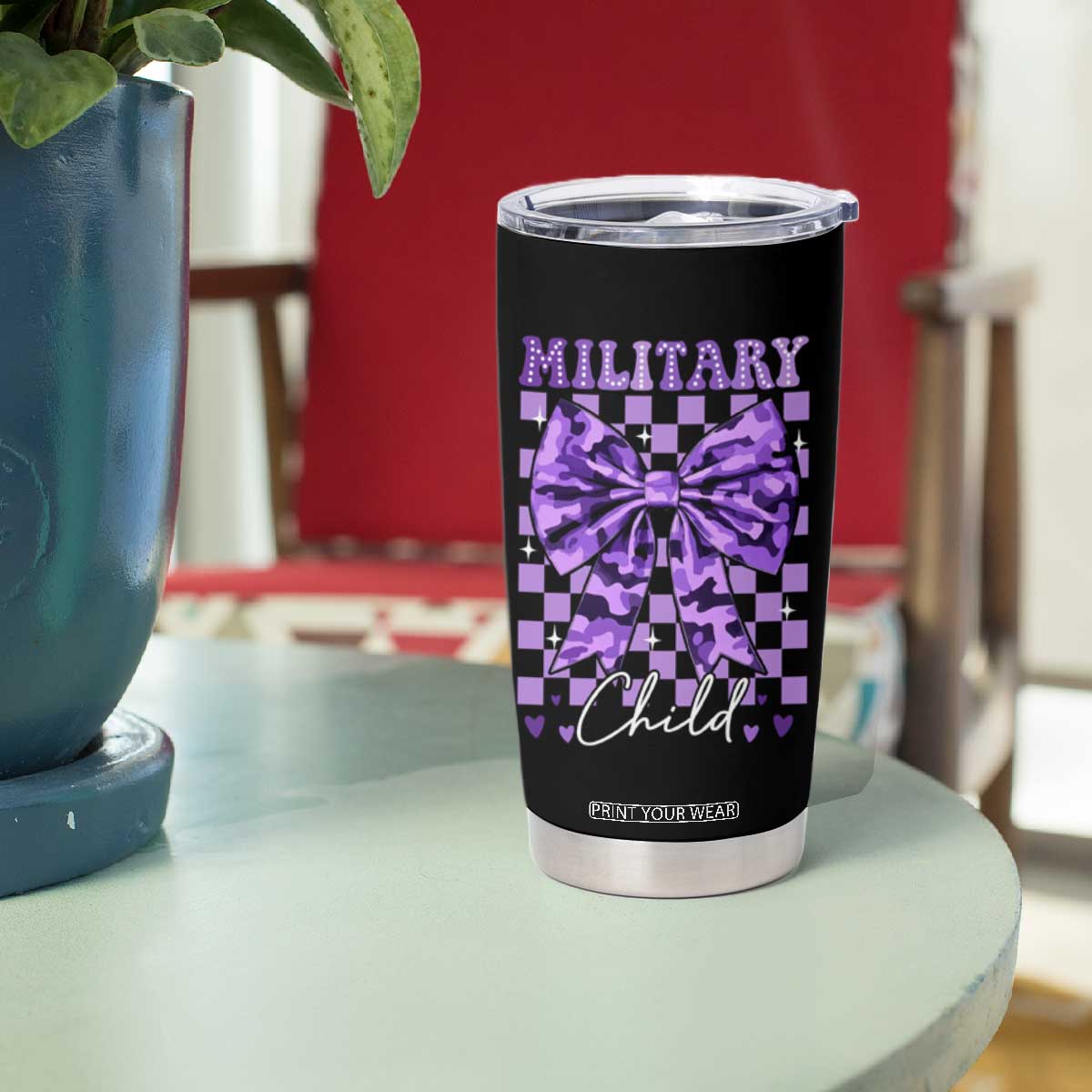 Military Child Coquette Bow Tumbler Cup Purple Up Camo TS10 Print Your Wear