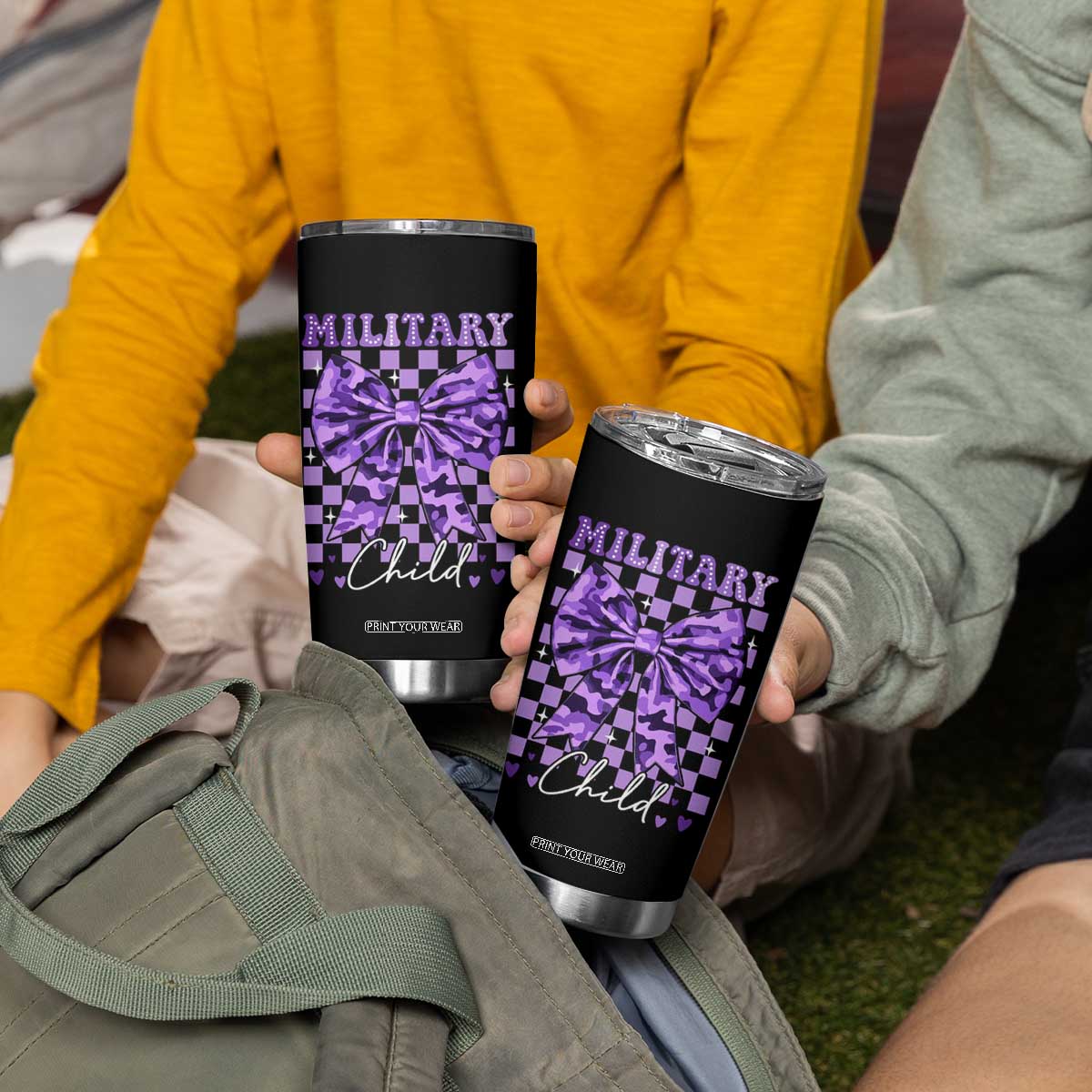 Military Child Coquette Bow Tumbler Cup Purple Up Camo TS10 Print Your Wear