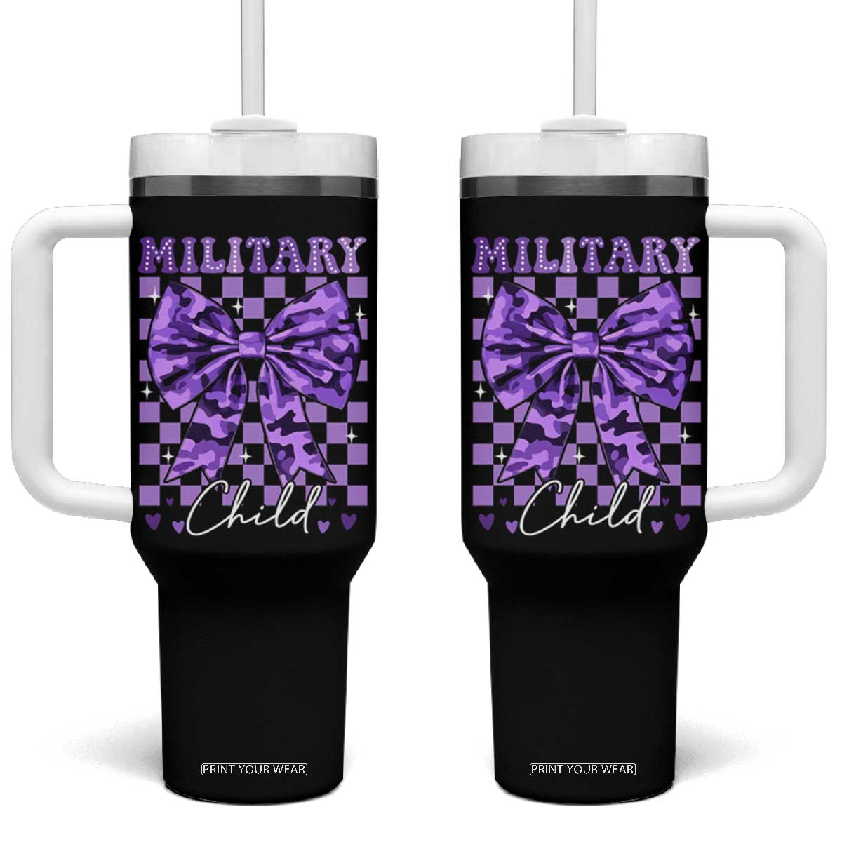 Military Child Coquette Bow Tumbler With Handle Purple Up Camo TS10 One Size: 40 oz Black Print Your Wear