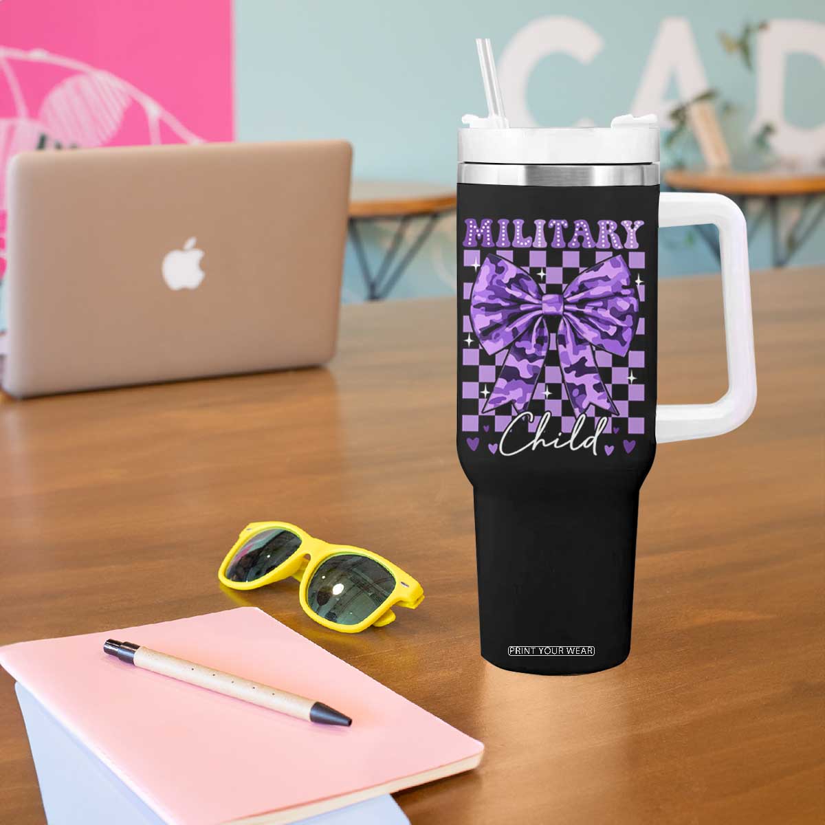 Military Child Coquette Bow Tumbler With Handle Purple Up Camo TS10 Print Your Wear