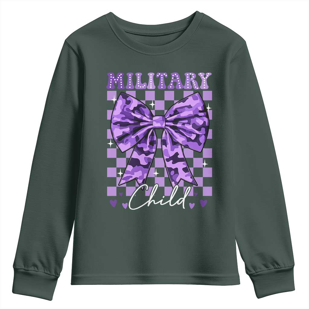 Military Child Coquette Bow Youth Sweatshirt Purple Up Camo TS10 Dark Forest Green Print Your Wear