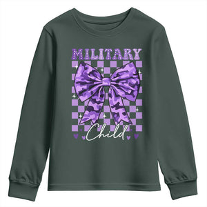 Military Child Coquette Bow Youth Sweatshirt Purple Up Camo TS10 Dark Forest Green Print Your Wear
