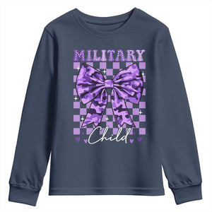 Military Child Coquette Bow Youth Sweatshirt Purple Up Camo TS10 Navy Print Your Wear